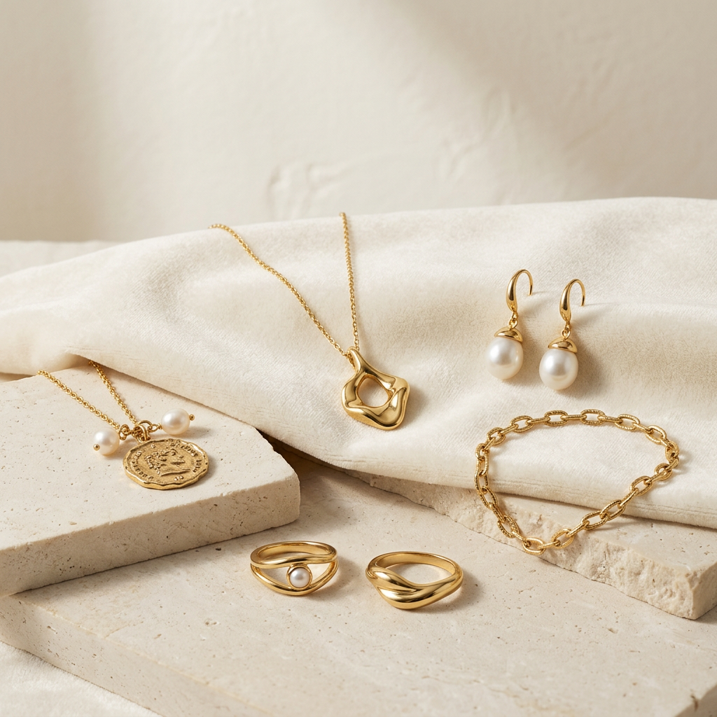 Jewelry collection styled on ivory velvet and cream stone