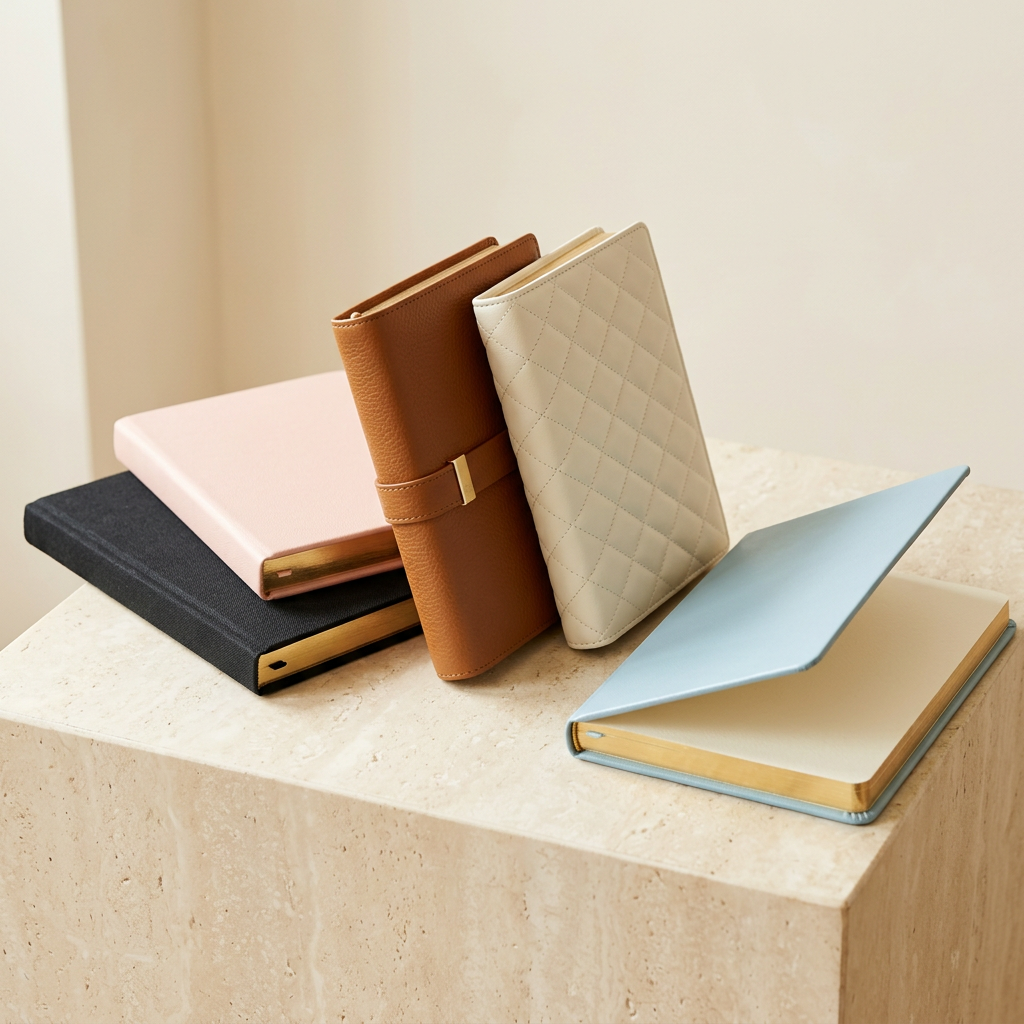 Luxury notebooks arranged on a soft ivory backdrop