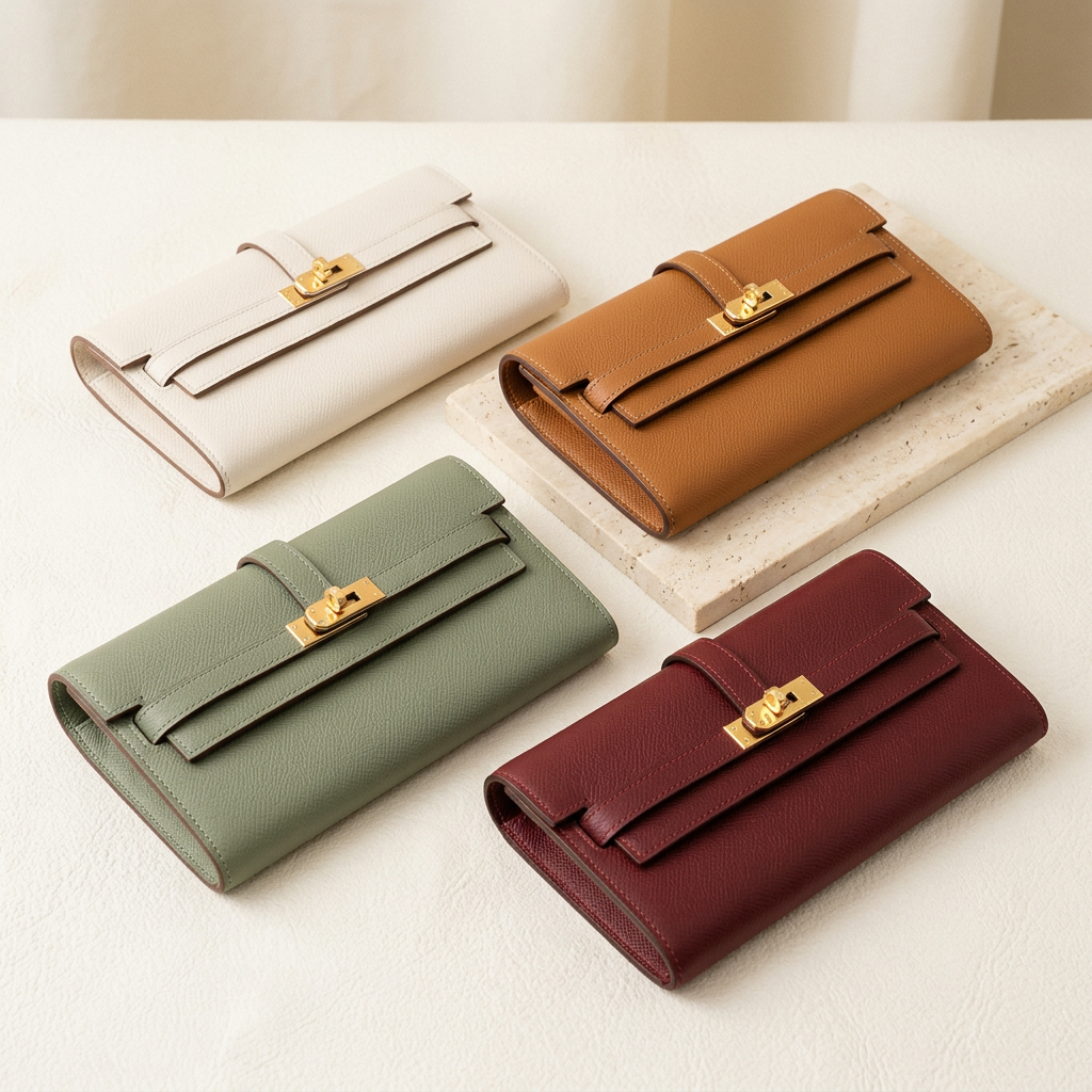 Luxury-style wallets in ivory, caramel, sage, and burgundy on a premium ivory backdrop
