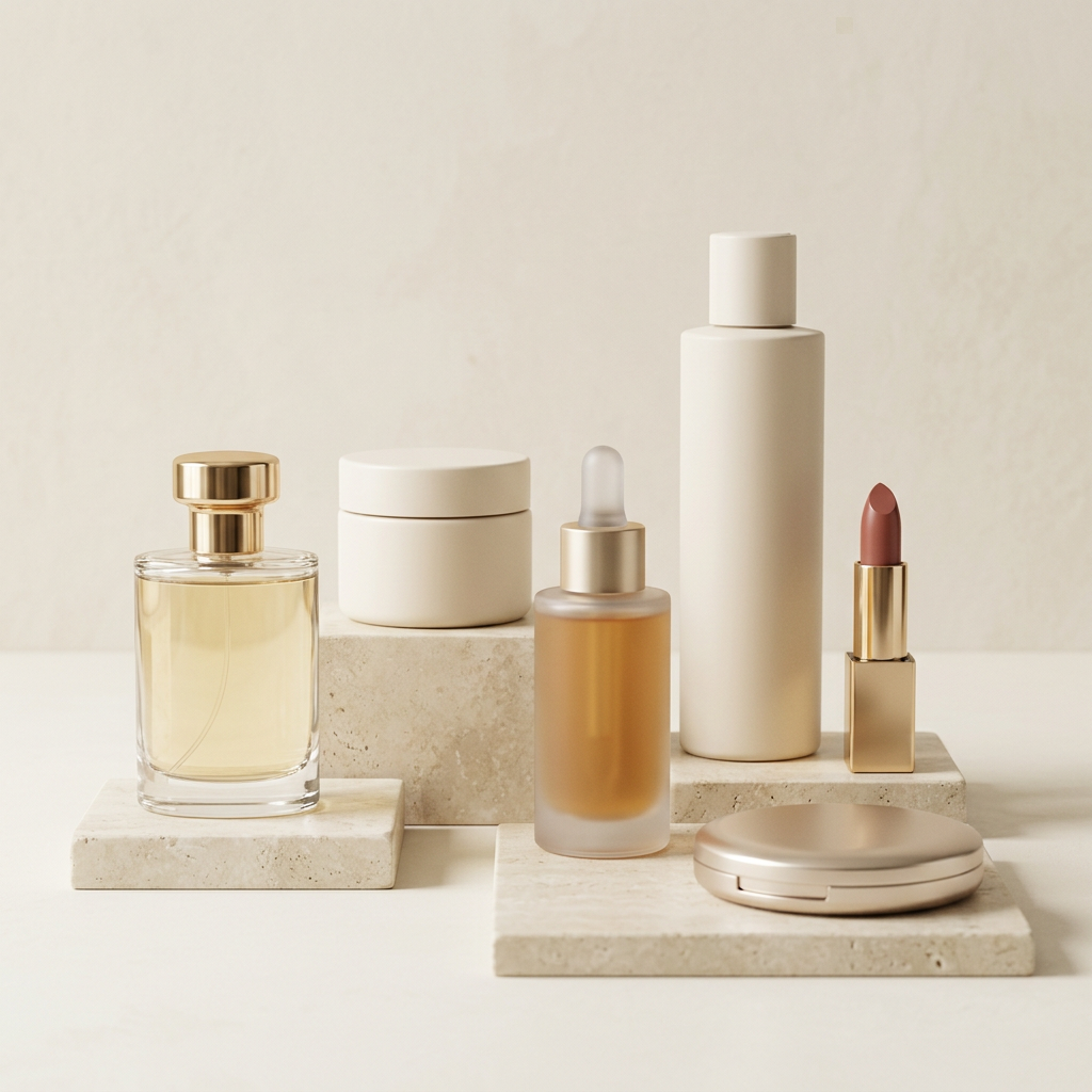 Premium beauty and fragrance assortment on an ivory backdrop
